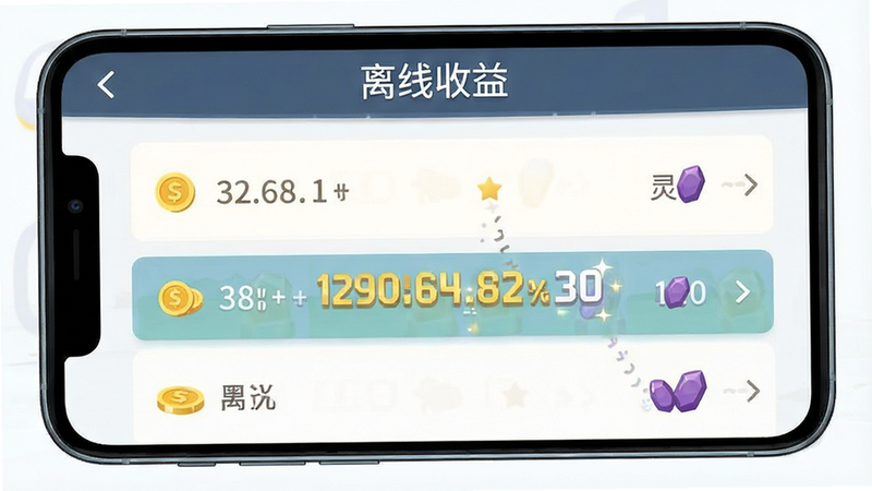 展示手机界面截图,主体为游戏内的“离线收益”结算界面,布局清晰,排版为列表式,风格为扁平化UI设计,细节显示金币和灵石的数字跳动效果,画质清晰,干净,无多余装饰元素,界面顶部有文字“离线收益”