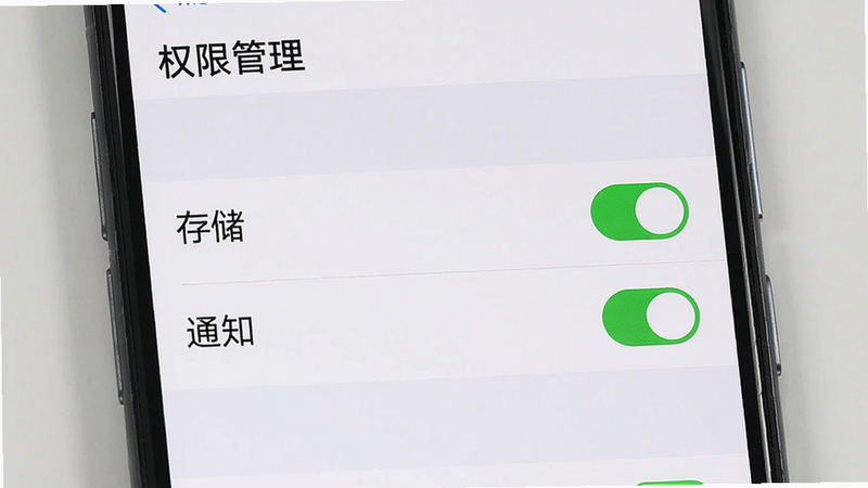 展示手机设置界面,主体为“应用管理”中的权限设置列表,布局为垂直列表,排版整齐,风格为系统原生UI,细节显示“存储”、“通知”权限已开启,画质清晰,干净,无多余元素,界面顶部有文字“权限管理”