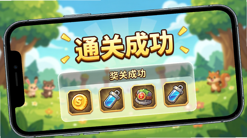 手机屏幕显示游戏结算画面,显示“通关成功”字样,下方列出获得的金币和装备奖励,背景模糊处理,突出奖励内容,风格为明亮欢快的游戏界面,传达轻松愉快的氛围