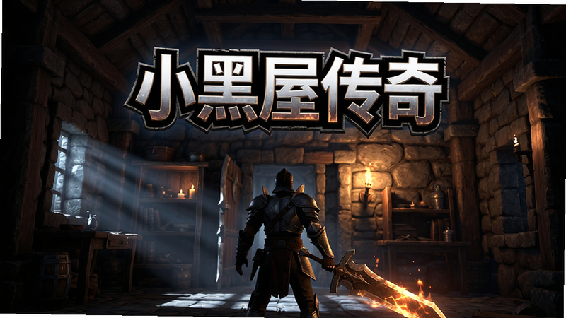 一张高清游戏宣传海报,主体为“小黑屋传奇”Logo,下方展示一位手持发光大剑的战士背影,背景是阴郁但细节丰富的石质小屋内部,光影效果强烈,色彩对比鲜明,风格为写实3D游戏渲染,无多余文字,4K画质