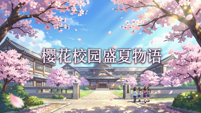 主体为樱花校园盛夏物语游戏全景,布局呈现日式校园建筑与繁茂樱花树,排版开阔明亮,风格清新治愈二次元,细节展示花瓣飘落与阳光透过树叶的光斑,画质高清8k,干净无多余元素,文字