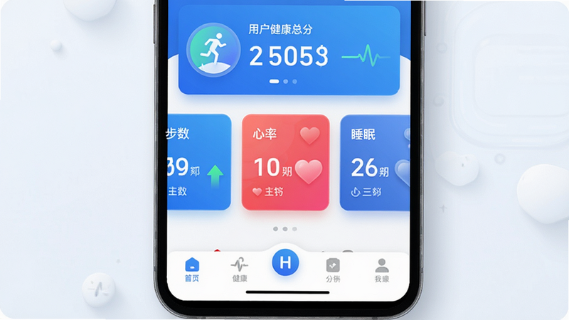 软件主界面展示图,主体为H运动健康APP首页,布局清晰,顶部显示用户健康总分,中部有步数、心率、睡眠三个核心数据卡片,底部为导航栏,风格简约现代,科技感蓝色调,细节处有轻微阴影效果,高清渲染,干净无多余元素,文字