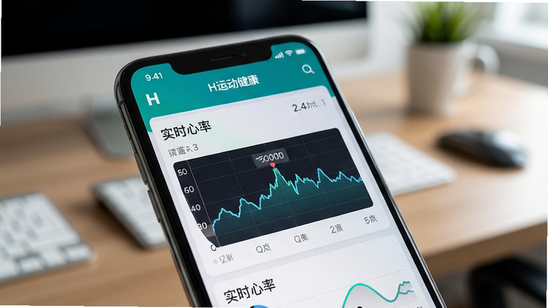 数据监测场景图,主体为手机屏幕特写,显示H运动健康APP的数据仪表盘,背景为模糊的办公桌面,布局紧凑,排版整齐,风格写实,细节展现数据波动的动态感,画质清晰,干净背景,文字