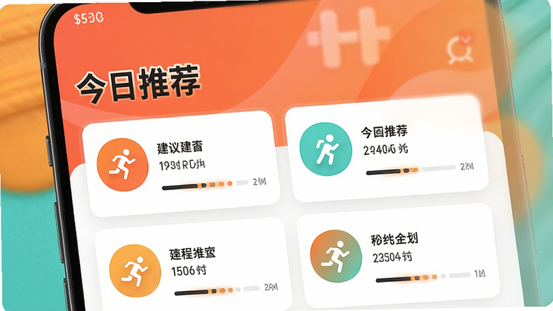 个性化推荐界面图,主体为H运动健康APP的运动计划页面,布局为卡片式列表,展示不同的运动图标和建议时长,风格清新活力,细节处有进度条动画效果,高清画质,干净无杂乱元素,文字