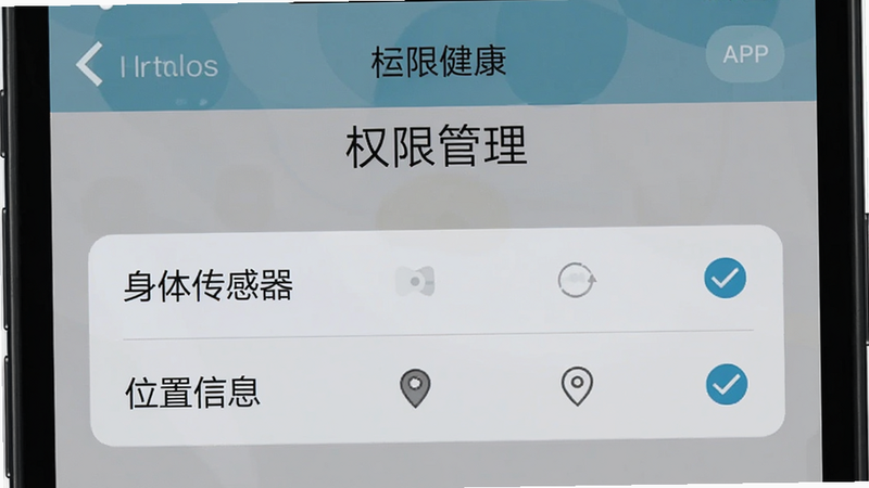 设置权限场景图,主体为手机系统设置界面,显示H运动健康APP的权限管理页面,高亮显示“身体传感器”和“位置信息”选项,布局清晰,排版规范,风格系统原生,细节处有勾选标记,高清画质,干净无干扰元素,文字