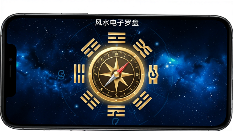 主体为手机屏幕界面,显示“风水电子罗盘”应用首页,背景为深蓝色科技感星空,中心是一个发光的金色数字罗盘,周围环绕着八卦符号,布局对称,排版整洁,风格现代简约,细节清晰,画质高清,干净,无多余元素