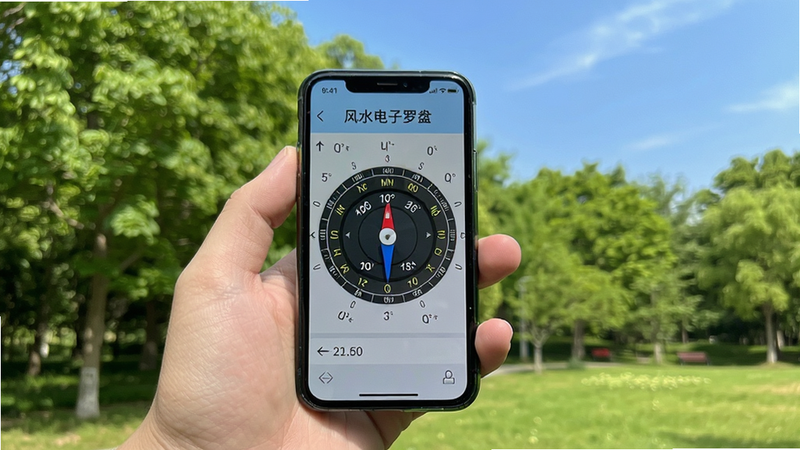 手持手机在户外公园使用“风水电子罗盘”,背景是绿树和蓝天,屏幕清晰显示方位度数,风格自然清新,细节真实,画质高清,干净,无多余元素