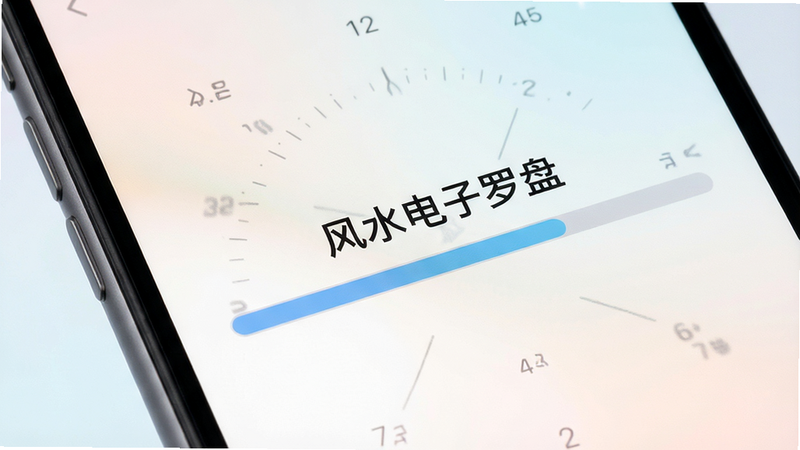 手机下载界面特写,显示“风水电子罗盘”下载进度条,背景为柔和的浅色渐变,风格简洁现代,细节清晰,画质高清,干净,无多余元素