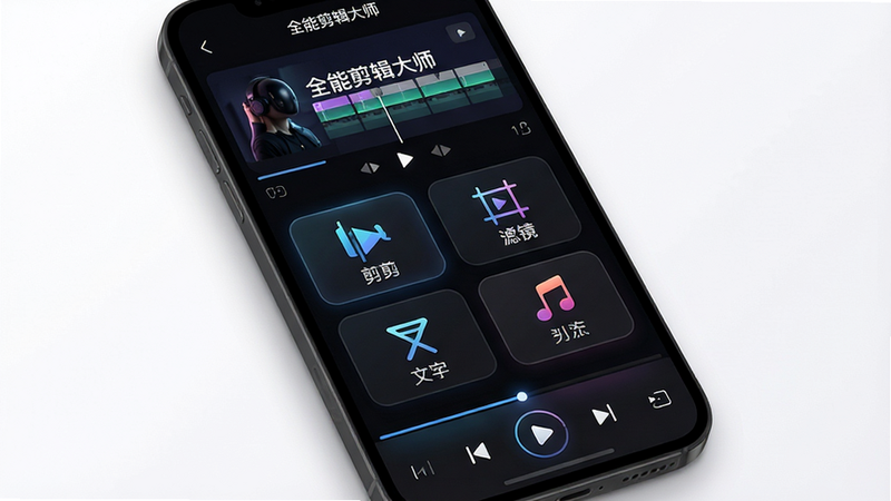 主体为全能剪辑大师App的主界面展示,布局采用典型的移动应用深色模式UI,顶部为时间轴预览区,中部为功能图标网格,包含剪辑、滤镜、文字、音频四个核心模块,底部为播放控制条。风格为现代极简科技风,细节处展现光效与阴影层次,画面中清晰显示中文文字“全能剪辑大师”,画质高清,背景干净无多余元素
