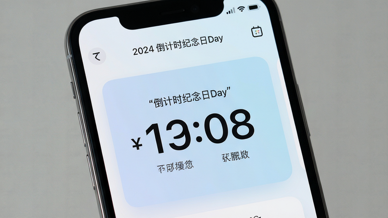 主体为手机屏幕界面,显示倒计时纪念日Day应用首页,布局整洁,顶部有日期栏,中间是大号数字倒计时卡片,背景为柔和的淡蓝色渐变,风格现代简约,细节包含清晰的文字标签,画质高清,干净无多余元素,文字加引号“倒计时纪念日Day”