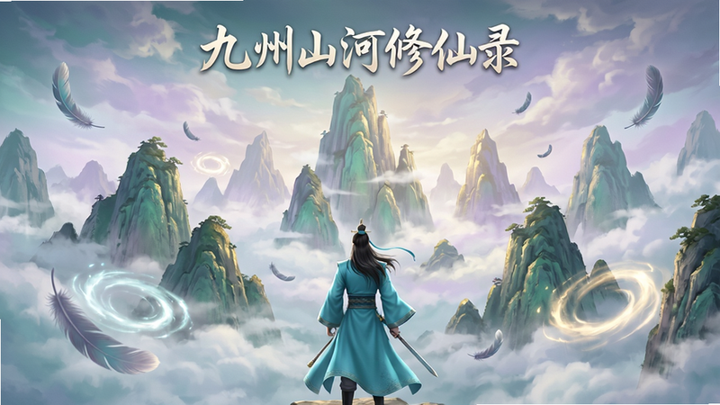 主体为《九州山河修仙录》游戏主界面全景图,布局采用中心对称式构图,中央展示一位身着青色道袍的主角背影,正面向远处的巍峨仙山。背景是云雾缭绕的九座山峰,色彩以青绿、淡紫和金色为主,营造仙侠氛围。细节处可见飘落的羽毛和发光的气旋,质感细腻,光影柔和。画质4K高清,风格为国风写实渲染,干净无多余水印元素,文字标注“九州山河修仙录”位于顶部居中位置,字体优雅飘逸。