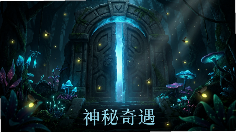 主体为秘境入口,布局为纵深构图,入口由巨大的石门构成,门内透出幽蓝的光芒,周围生长着奇异的发光植物。风格神秘莫测,光影对比强烈,细节处有飞舞的萤火虫和尘埃。画质逼真,氛围感强,干净无杂物,文字标注“神秘奇遇”位于底部居中,字体神秘。