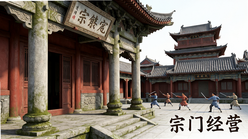 主体为宗门大殿建筑特写,布局采用透视构图,前景是宏伟的石柱和匾额,中景是忙碌的弟子在庭院中练剑,背景是层叠的楼阁。风格为工笔画与现代3D渲染结合,色彩古朴典雅,红墙灰瓦,细节丰富,如苔藓、石刻纹理。画质高清,干净背景,无杂乱元素,文字标注“宗门经营”位于右下角,字体古朴。