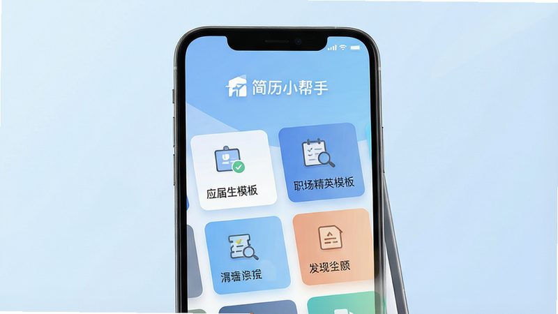 主体为一部竖屏显示的现代智能手机,屏幕中清晰展示“简历小帮手”APP的首页界面,界面顶部有“简历小帮手”文字Logo,下方排列着“应届生模板”、“职场精英模板”等卡片式选项,背景为浅蓝色渐变,风格简洁商务,高清无水印,细节丰富,干净无多余元素,画质8k,扁平化UI设计,光影柔和