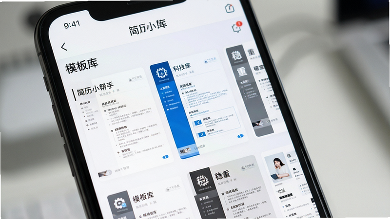 主体为手机屏幕特写,展示“简历小帮手”APP内的模板选择页面,屏幕上呈现多张不同风格的简历缩略图,包括简约白底、科技蓝、稳重灰等配色,界面布局整齐,文字清晰可见“模板库”,风格为真实UI截图效果,高清锐利,无模糊,背景虚化突出屏幕,干净无杂乱元素