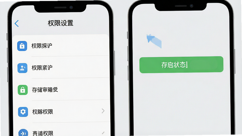 主体为手机操作界面的示意图,左侧显示设置选项列表,右侧显示存储权限开启状态,背景为浅灰色,图标清晰,文字标注“权限设置”,风格为极简扁平化,高清无像素点,布局左右对称,干净无多余装饰