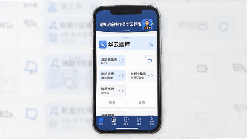 主体为手机屏幕展示“消防设施操作员华云题库”App界面,布局清晰,顶部显示软件名称,中间为答题区域和选项,底部为功能导航栏,风格现代简约,细节包含清晰的文字排版和高对比度配色,画质高清,干净,无多余元素