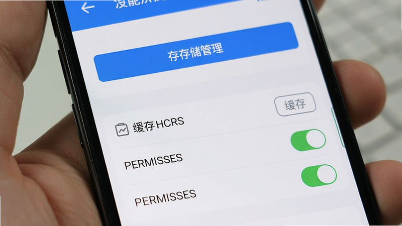 主体为手机屏幕展示应用设置界面和存储管理选项,布局清晰,排版整齐,风格系统原生,细节包含清除缓存按钮和权限开关状态,画质清晰,干净,无多余元素