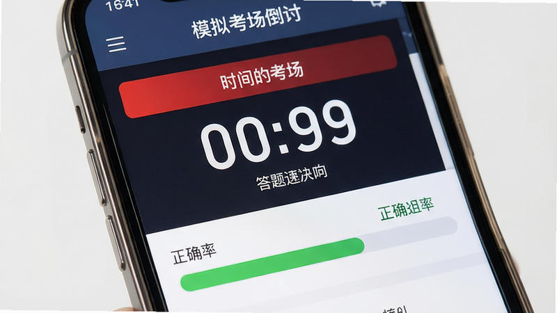主体为手机界面展示模拟考场倒计时和答题进度条,布局紧凑有序,排版整齐,风格专业严谨,细节包含红色的时间提示和绿色的正确率标识,画质清晰,干净,无多余元素