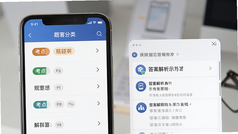 主体为手机界面展示题库分类列表和答案解析示例,布局左右分栏,排版清晰,风格专业可信,细节包含考点标签和解析图标,画质高清,干净,无多余元素