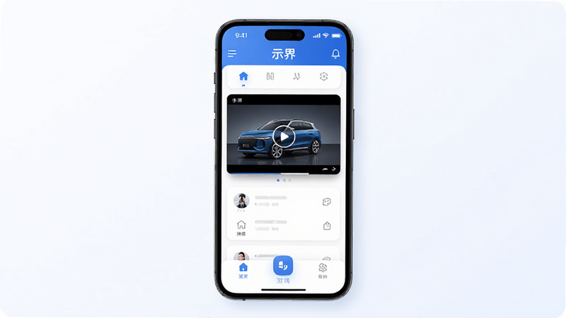 示界APP首页界面预览图,主体为手机屏幕展示应用主界面,布局清晰分为顶部状态栏、中部视频预览窗口与底部功能按钮区,排版采用扁平化设计,风格现代简约科技感,细节包含高清UI图标与柔和阴影,画质4k,干净无多余元素,文字标注