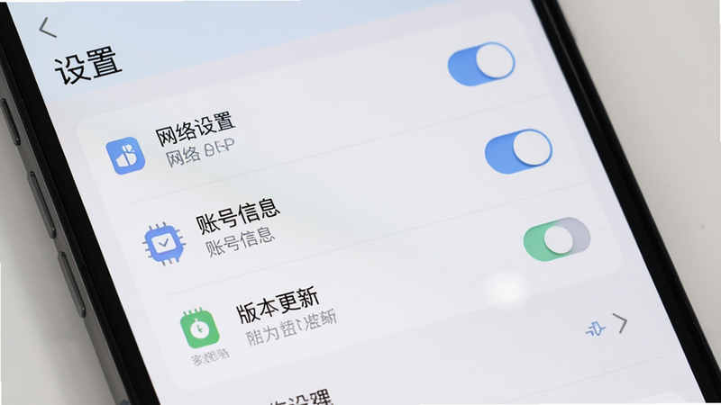 示界APP设置界面细节图,主体为手机屏幕显示应用内设置选项,布局列表式排列,包含网络设置、账号信息、版本更新等条目,排版整齐有序,风格简洁商务,细节体现滑块开关与图标设计,画质清晰,干净无多余元素,文字标注