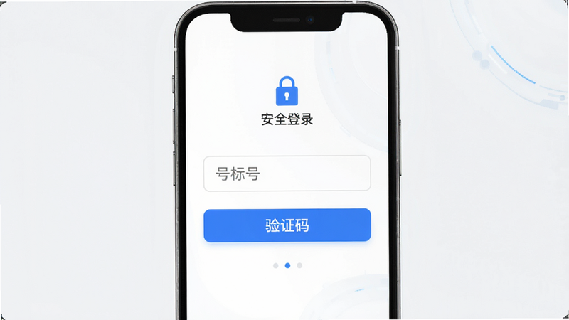 示界APP登录界面示意图,主体为手机屏幕显示手机号输入框与验证码按钮,布局中心对称,风格极简科技,细节包含安全锁图标与蓝色主色调按钮,画质高清,干净无多余元素,文字标注