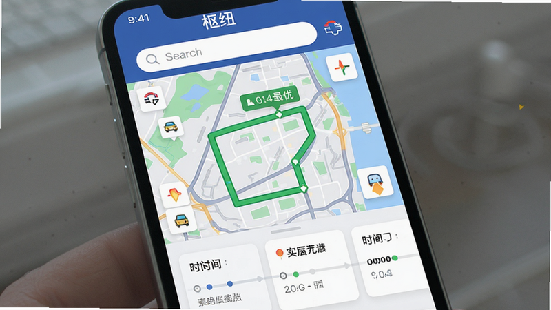 ����Ϊ�ֻ���Ļ��ʾ����Ŧ��APP���棬��������������Ϊ���������м�Ϊ��ͼ·�߹滮��ͼ����ע��ɫ����·�����ײ�Ϊʱ���ῨƬ������ƽ���ִ�UI��ƣ�ϸ�ڰ���ʵʱ��ͨ״̬ͼ�꣬���ʸ��壬�ɾ��޶���Ԫ�أ����֡���Ŧ�������ɼ�