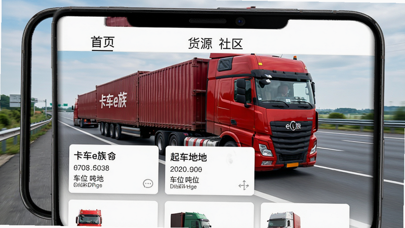 主体为手机屏幕显示卡车e族App界面,布局清晰,顶部导航栏显示“首页”“货源”“社区”,中间展示多个货车货源卡片,包含车型、吨位、起止地,背景为高速公路行驶中的红色重型卡车,风格现代简约,细节丰富,画质高清,干净,无多余元素,文字