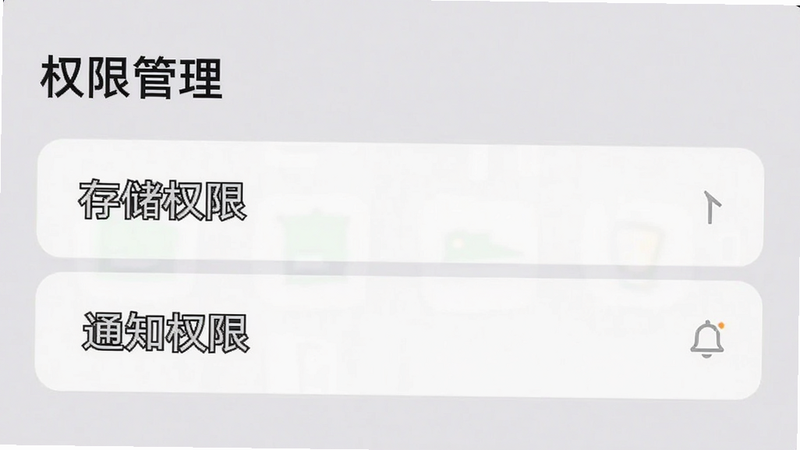 主体为手机设置界面截图,显示“权限管理”选项,高亮显示“存储权限”和“通知权限”,背景为浅灰色,排版清晰,风格极简,细节准确,画质清晰