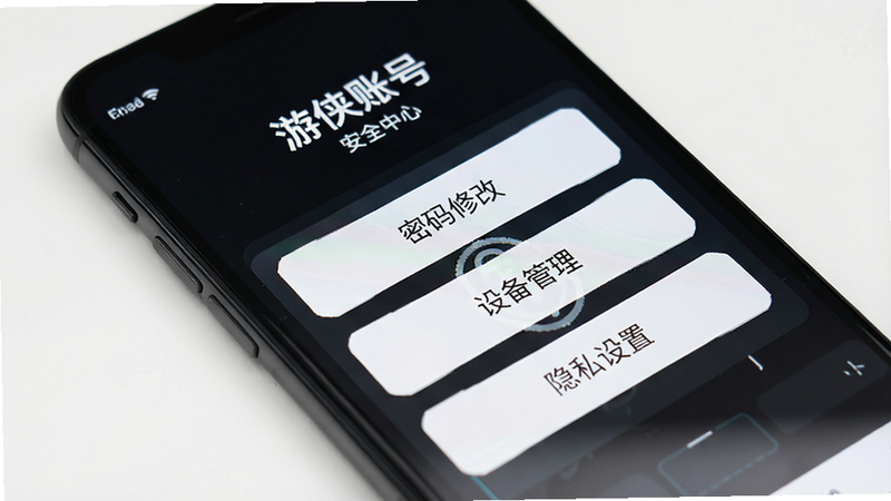 主体为手机屏幕,显示“游侠账号”安全中心界面,有“密码修改”、“设备管理”、“隐私设置”三个按钮,背景为白色,风格简洁,细节清晰,画质高