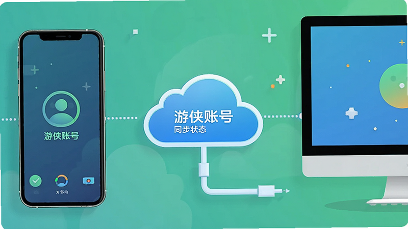 主体为手机与电脑屏幕连接示意图,中间有云朵图标连接,显示“游侠账号”同步状态,布局对称,风格扁平化,细节精致,画质高清