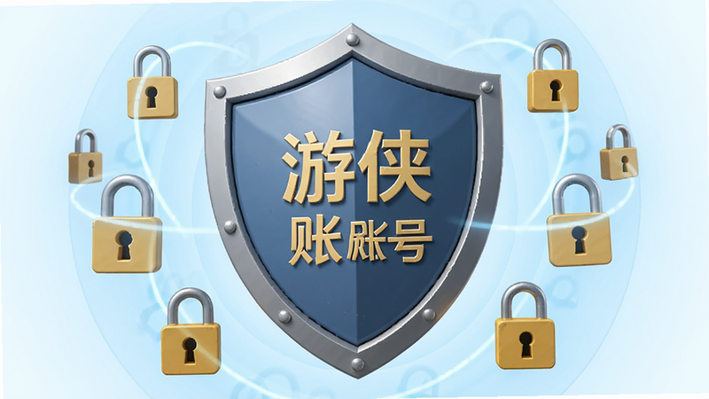 主体为盾牌图标,内部显示“游侠账号”标志,周围环绕锁形符号,背景为淡蓝色光晕,排版居中,风格简约安全,细节清晰,画质高