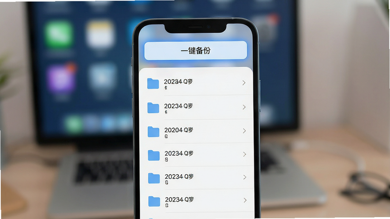 手机界面展示文件管理页面,显示多个以日期命名的配置文件列表,顶部有“一键备份”按钮高亮显示,背景虚化处理,突出文件安全性与便捷性,扁平化设计风格,色彩柔和,细节精致