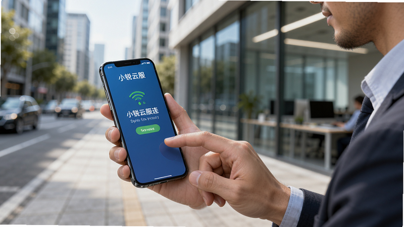 主体为工程师在户外手持手机操作,手机屏幕显示小锐云服连接成功界面,背景为城市街道或办公室,光影自然,突出移动办公场景,现代商务风格,细节清晰,高分辨率,干净背景