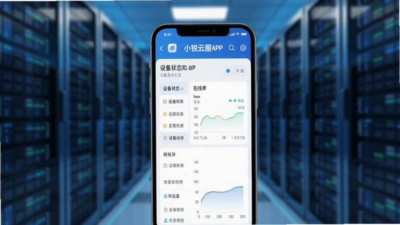 主体为手机屏幕显示小锐云服APP界面,背景为模糊的服务器机房,屏幕内清晰展示设备状态列表与在线率图表,整体布局整洁,科技感蓝色调,高清写实风格,细节丰富,画质干净无多余元素