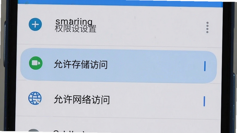 手机屏幕显示权限设置界面,高亮显示“允许存储访问”和“允许网络访问”选项,背景为安卓系统设置菜单,界面清晰,操作指引明确,扁平化设计,色彩柔和,细节清晰,无杂乱元素