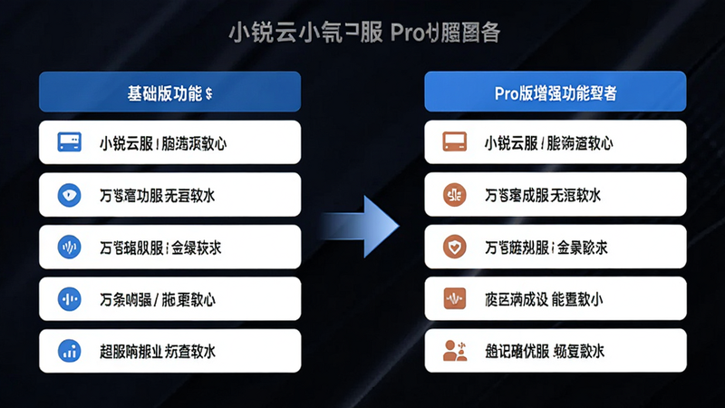 小锐云服 Pro版功能对比界面示意图,左侧为基础版功能列表,右侧为Pro版增强功能列表,中间用箭头连接,背景简洁,突出功能差异,商务风格,清晰易读,高分辨率,无多余装饰