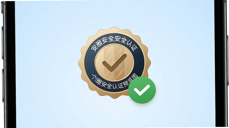 手机界面显示安全认证徽章,旁边有绿色对勾图标,背景为浅蓝色渐变,布局中心突出,排版简洁,风格信任专业,细节清晰,画质高清,无多余元素,alt=
