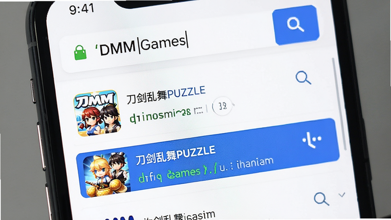 主体为手机浏览器地址栏输入‘DMM Games’,下方显示搜索结果列表,高亮显示‘刀剑乱舞PUZZLE’,背景为白色简约界面,风格清晰直观,体现搜索入口,无广告干扰,高清,干净