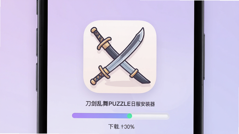 主体为手机屏幕界面,背景为柔和的淡紫色渐变,屏幕中央显示‘刀剑乱舞PUZZLE日服安装器’应用图标,图标设计简洁现代,带有刀剑元素,下方有进度条显示下载状态,整体风格清新可爱,扁平化设计,无多余元素,高清画质,干净