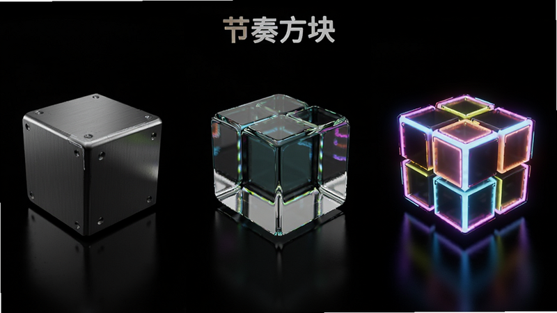 主体为‘节奏方块’的主题设置界面,画面中央展示三种不同风格的方块预览:金属质感、玻璃质感和霓虹光效,背景为纯黑色以突出主体,布局为横向三列并排,排版简洁直观,风格为高端产品展示风,细节强调材质的反射与透光特性,画质高清,无多余UI元素,微仰视视角,突出视觉定制的高级感