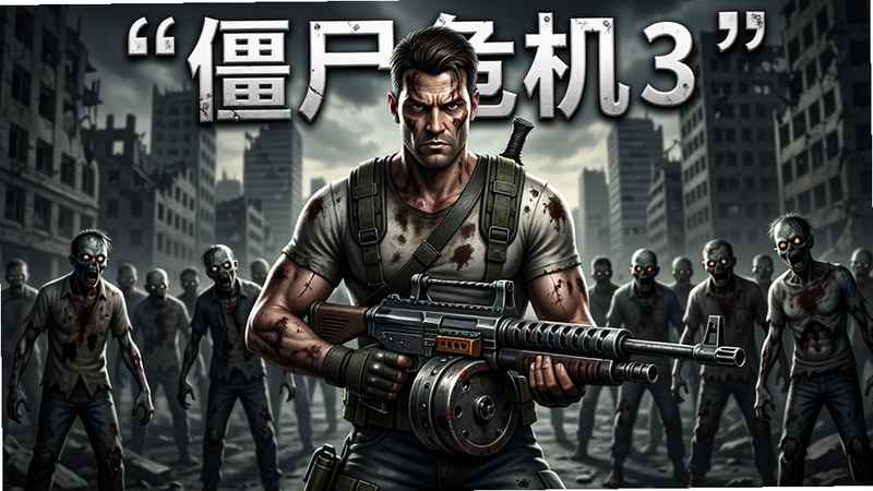 主体为《僵尸危机3》游戏主视觉图,布局采用中心对称式,中间是一名手持重型武器、表情坚毅的幸存者角色,背景是破败的城市废墟与成群逼近的僵尸,排版紧凑充满张力,风格为写实暗黑风,细节丰富如角色身上的污渍与武器磨损痕迹,画质8k高清,干净无多余元素,文字加引号“僵尸危机3”