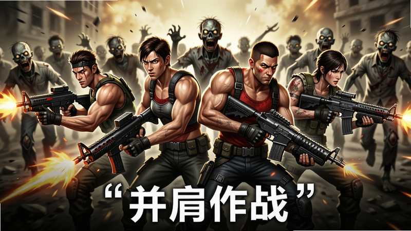 主体为《僵尸危机3》四人小队战斗场景,布局为横向构图,四名不同职业的角色手持武器呈战斗队形,背景是正在冲锋的僵尸群,排版动感强烈,风格为热血动作风,细节展现角色动作张力与特效光效,画质8k高清,干净无多余元素,文字加引号“并肩作战”