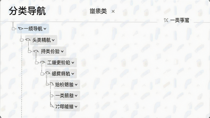 主体为分类导航菜单,布局为树状结构,一级类目展开显示二级标签,风格简洁明了,细节清晰,画质高,干净,文字'分类导航'作为标题