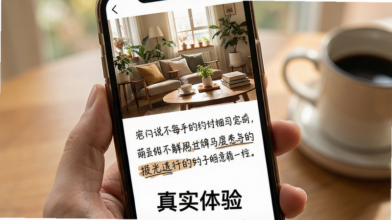 主体为手机屏幕展示图文笔记,布局上半部分为生活场景图片,下半部分为文字描述,风格温馨自然,细节丰富,画质高,干净,文字'真实体验'位于底部