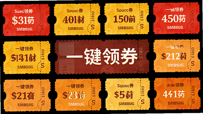 主体为优惠券图标集合,布局为网格状排列,包含不同面额的红色和黄色优惠券,风格扁平化,细节精致,画质清晰,干净,文字'一键领券'居中