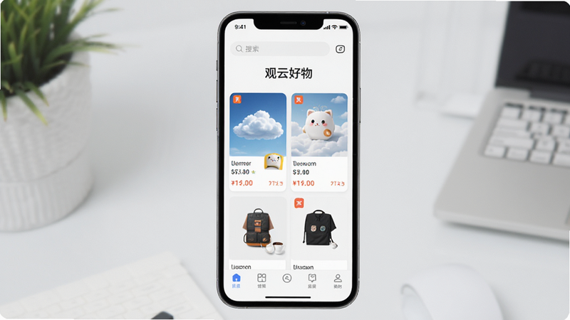 主体为观云好物APP的手机界面展示,布局清晰,顶部为搜索栏,中部展示商品卡片列表,包含图片、价格对比标签,底部为导航栏,风格现代简约,细节丰富,画质高清,干净无多余元素,文字'观云好物'居中显示