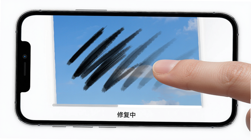 主体为手机操作界面,手指正在涂抹照片上的黑色划痕,划痕逐渐消失并露出背景蓝天,界面下方有进度条显示“修复中”,背景为纯白色简洁UI,风格极简主义,细节清晰,画质清晰,无杂乱元素