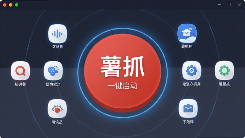 主体为薯抓软件的主界面截图,布局采用中心对称设计,中央显示巨大的红色圆形启动按钮,周围环绕着简洁的功能图标,排版清晰整洁,风格为扁平化现代科技风,细节处有微弱的蓝色光晕装饰,画质超高清,干净无多余元素,文字显示